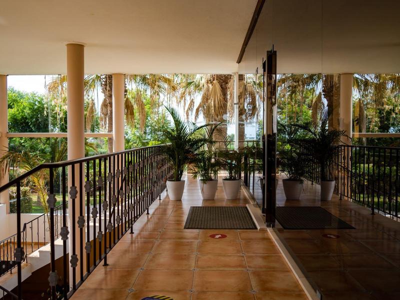 Covered outdoor area with glass wall and plants in a hotel