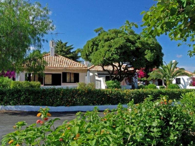 Una casa tradicional con techo de tejas, rodeada de árboles verdes y cielo azul.
