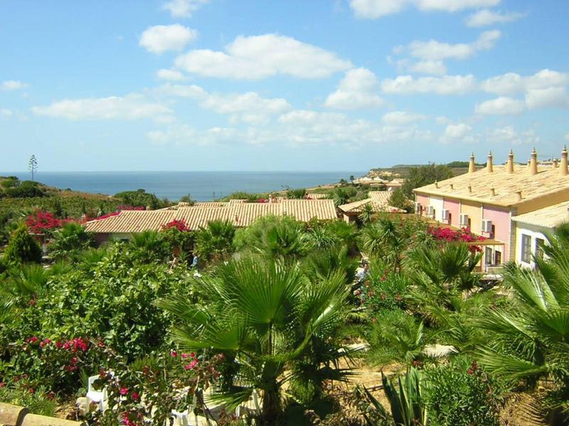 Blick auf grüne Pflanzen mit Palmen und gelbe Häuser unter blauem Himmel mit wenigen Wolken.