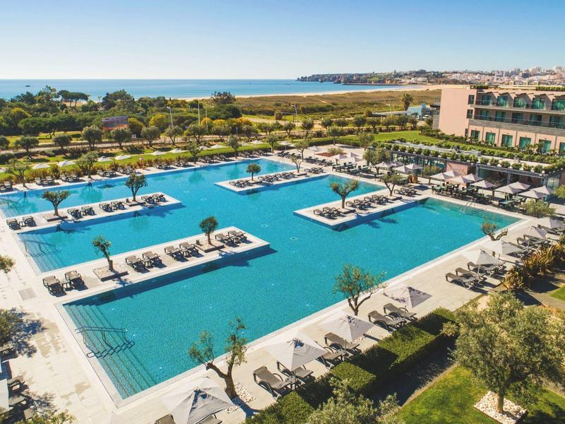 Großer blauer Swimmingpool mit Liegestühlen und grüner Gartenanlage nahe dem Meer.