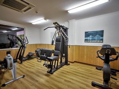 Fitnessraum mit verschiedenen Trainingsgeräten, Holzwänden und hellem Boden im Hotel.