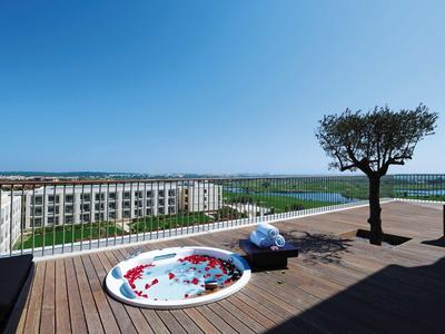 Dachterrasse mit kleinem Pool, Baum in Pflanzkübel und weitem Blick auf Stadt und grünes Feld.