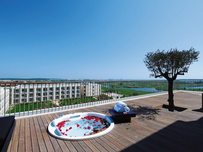 Dachterrasse mit kleinem Pool, Baum in Pflanzkübel und weitem Blick auf Stadt und grünes Feld.