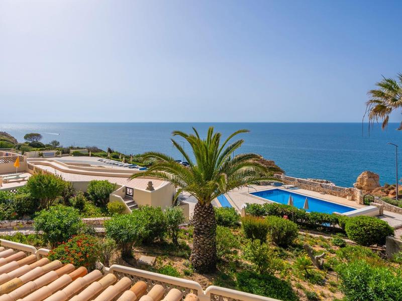 Blick auf Meer mit Palmen, Garten, Pool und hellblauen Himmel im sonnigen Küstengebiet.