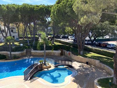 Poolbereich mit kleiner Brücke, Liegestühlen und Bäumen in einem Hotelgarten.