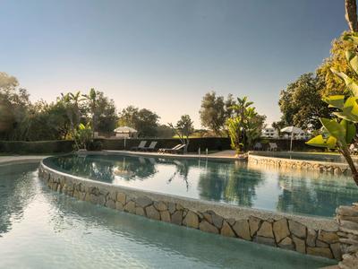 Ein ruhiger Pool mit Steinmauer und Liegen, umgeben von Bäumen bei Sonnenuntergang.