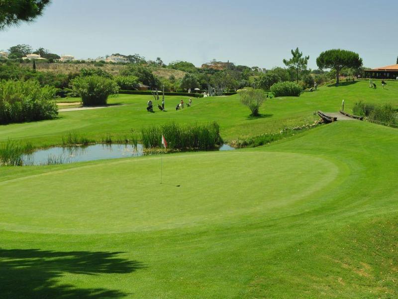 Grüner Golfplatz mit gepflegtem Gras, Teich, Bäumen und bewaldeten Hügeln im Hintergrund.