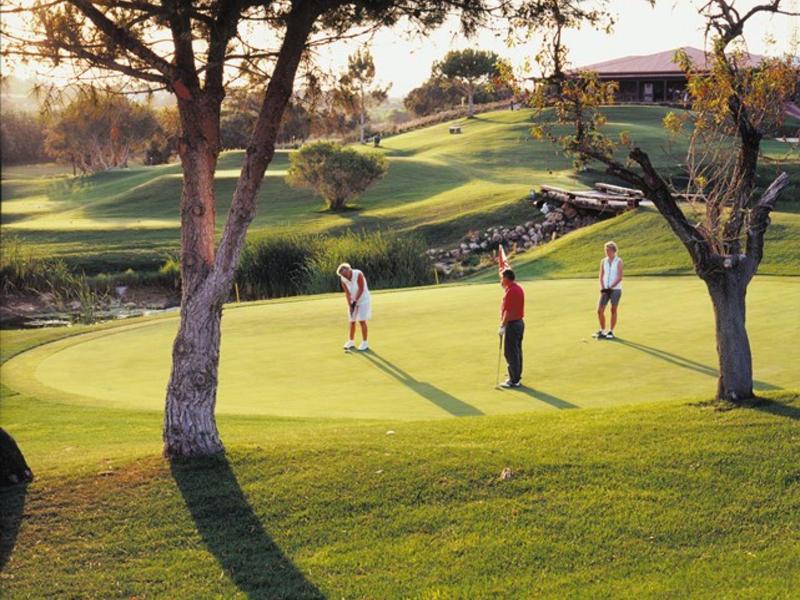 Drei Personen spielen Golf auf einem grünen, sonnigen Golfplatz mit Bäumen und Hügeln.