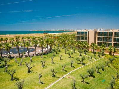 Grüner Garten mit Palmen und Bäumen vor einem Hotelgebäude am Meer unter blauem Himmel.