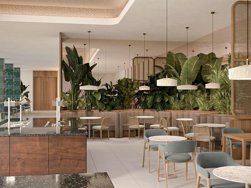 Moderner Gastraum mit Holz- und Metallmöbeln, blauen Sitzpolstern, großen Pflanzen und hängenden Lampen.