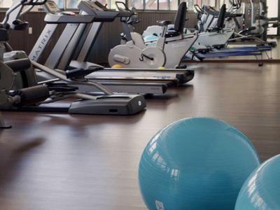 Moderne Hotelfitness mit Laufbändern, Heimtrainern und blauen Gymnastikbällen auf Holzfußboden.