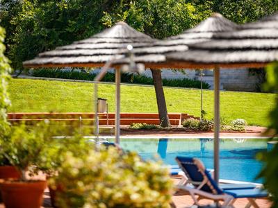 Schwimmbecken mit Liegestühlen und Sonnenschirmen, umgeben von grüner Wiese und Pflanzen.