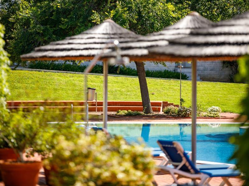 Schwimmbecken mit Liegestühlen und Sonnenschirmen, umgeben von grüner Wiese und Pflanzen.