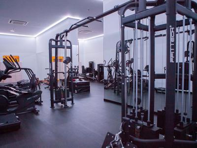 Modern ausgestatteter Fitnessraum mit verschiedenen Trainingsgeräten und Spiegelwand.