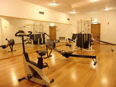 Heller Fitnessraum mit Rudergerät, Kraftstation und großem Wandspiegel auf Holzboden.