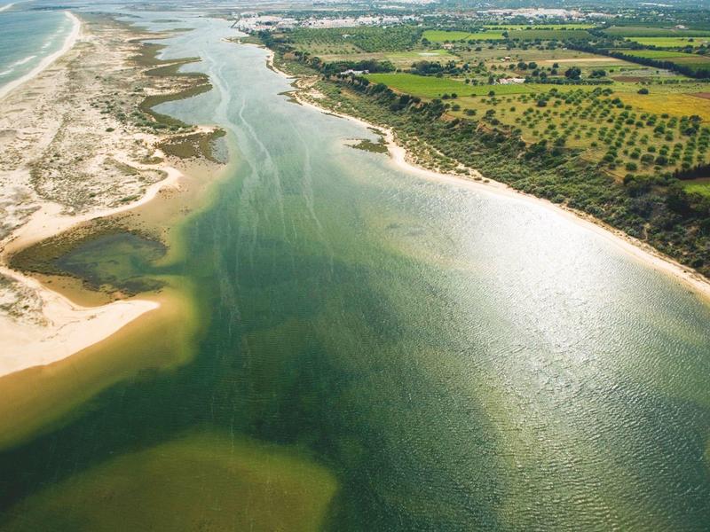 Flussmündung mit klarem Wasser, Sandstränden links und grünen Feldern rechts.
