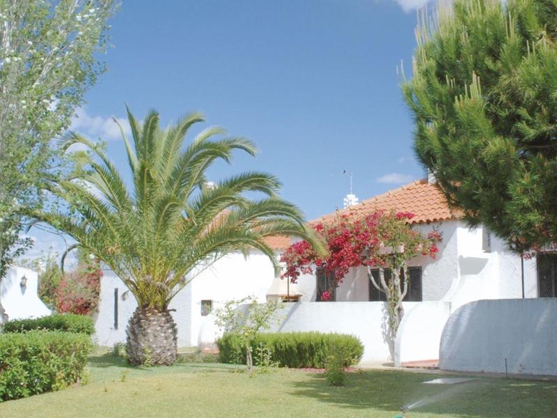 Weißes Haus mit rotem Dach, Palmen und Bäumen im gepflegten Garten unter blauem Himmel.