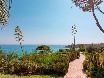Schmaler Weg durch grüne Vegetation mit Meerblick und blauem Himmel im Hintergrund.