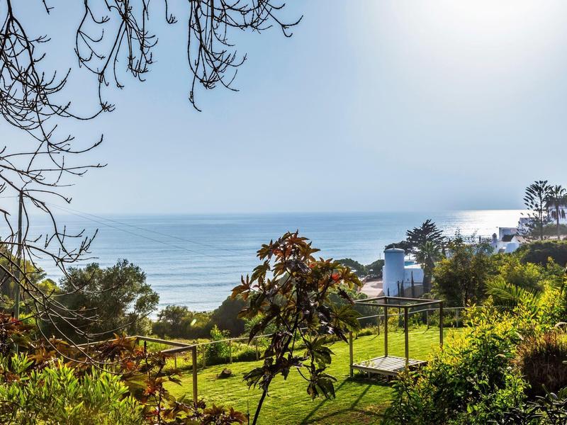 Grüner Garten mit Bäumen und Blick auf blaues Meer unter klarem Himmel am hellen Tag.