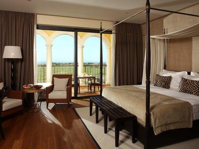 Gemütliches Hotelzimmer mit Holzfußboden, Himmelbett, Balkon und Blick auf grüne Landschaft.