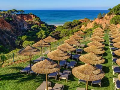 Reihen von Strohdach-Sonnenschirmen und Liegestühlen am grünen Hang mit Blick auf das blaue Meer.