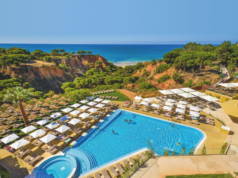 Großer, blauer Swimmingpool mit Sonnenschirmen und Liegestühlen in einer sonnigen, grünen Umgebung am Meer