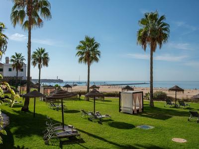 Pelouse verte avec palmiers donnant sur la plage et la mer sous un ciel bleu