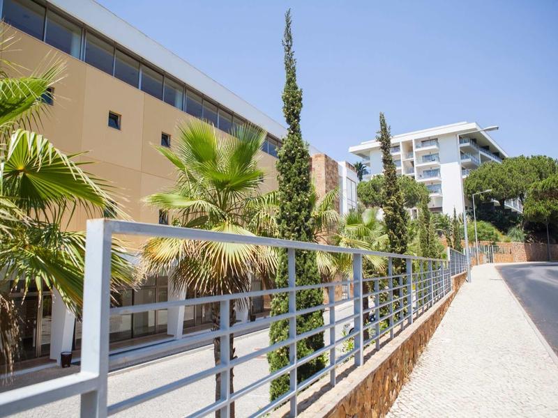 Moderne gebouwen naast een trottoir met metalen hek en palmbomen op een zonnige dag.