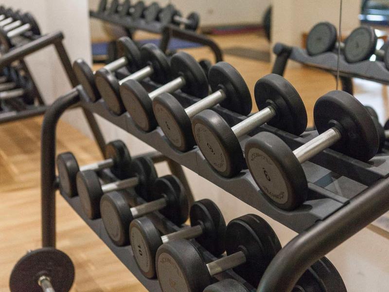 Twee rijen zwarte halters in een hotel fitnessruimte.