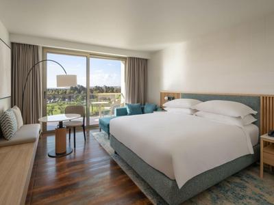 Chambre avec grand lit, sol en bois, coin salon et balcon avec vue sur le paysage.