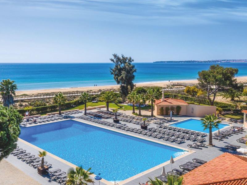 Großer Außenpool mit blauem Wasser, umgeben von Palmen und Meer im Hintergrund unter blauem Himmel.