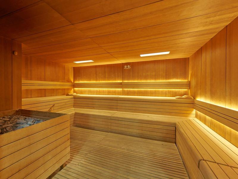 Helle Holzsauna mit Sitzbänken und Steinofen, moderne Beleuchtung an den Wänden.