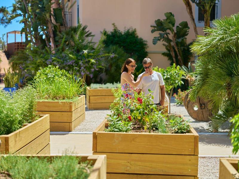 Paar genießt sonnigen Spaziergang zwischen großen hölzernen Pflanzkästen im Garten.