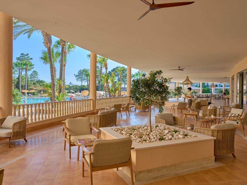 Gemütliche, überdachte Terrasse mit Sesseln und Blick auf Palmen und Pool.