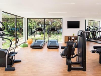 Bright gym with modern exercise equipment and large windows overlooking a garden.