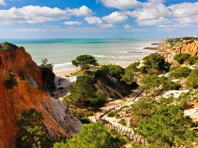 Klippenlandschaft mit grünen Kiefern, steilen roten Felsen und blauem Meer unter bewölktem Himmel.