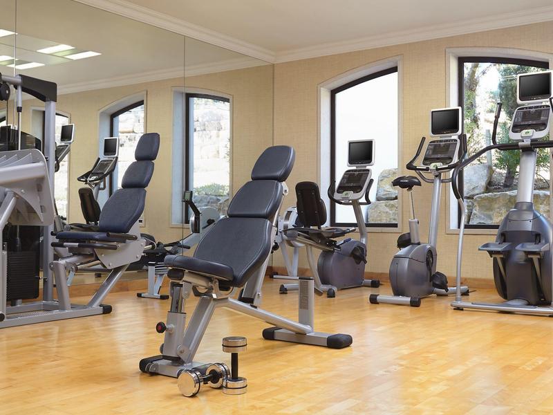 Moderner Fitnessraum mit Trainingsgeräten, Hanteln und großen Fenstern für Tageslicht.