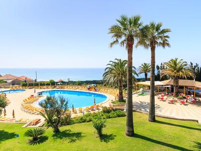 Gut gepflegter Garten mit Palmen, Pool und Liegestühlen nahe eines ruhigen blauen Meers unter klarem Himmel.