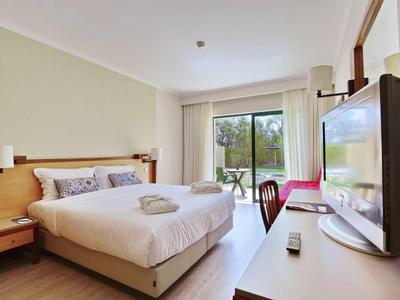 Jasny pokój hotelowy z podwójnym łóżkiem, telewizorem, balkonem i widokiem na zielone drzewa.