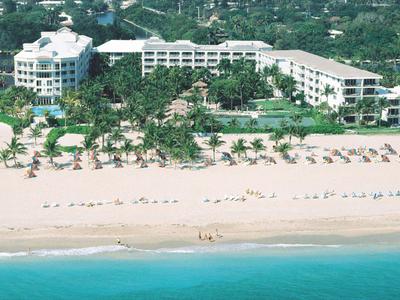 Hotel complex with sandy beach and palm trees by the turquoise coast.