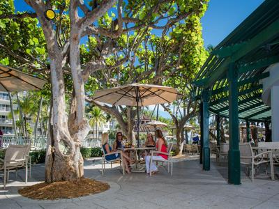 Hotel terrace with tables, chairs, and umbrellas under shady trees.