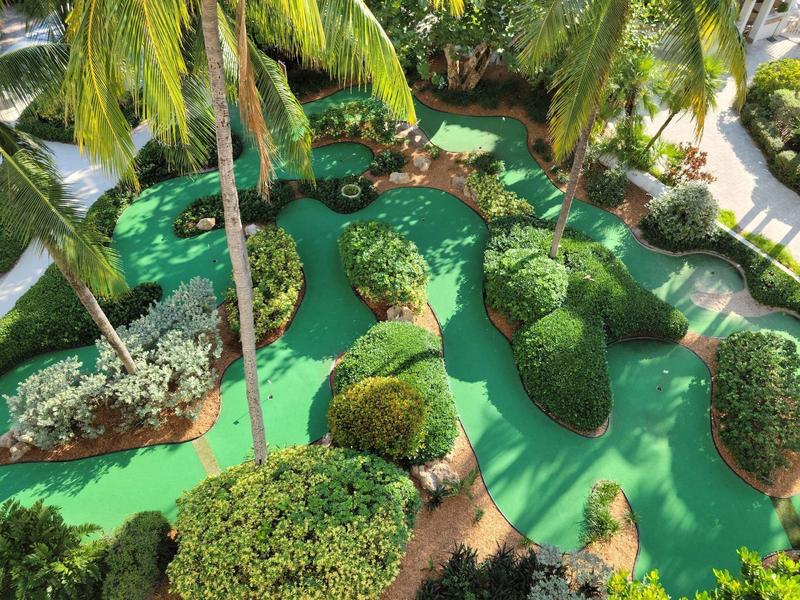 Aerial view of a miniature golf course surrounded by palm trees and well-maintained bushes.