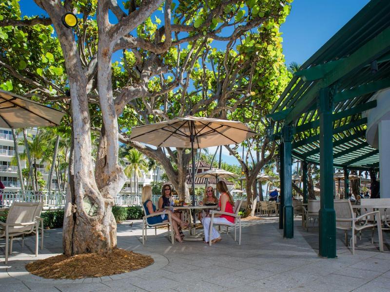 Hotel terrace with tables, chairs, and umbrellas under shady trees.