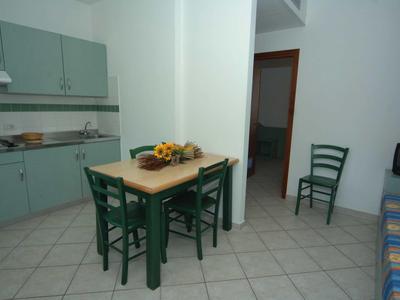 Kleine Küche mit grünem Möbelset, Holztisch, vier Stühlen und Fernseher auf Fliesenboden.