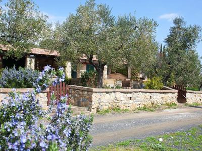 Steingarten mit blauen Blumen, Olivenbäumen und einem gepflegten Landhaus im Hintergrund bei Sonnenschein.