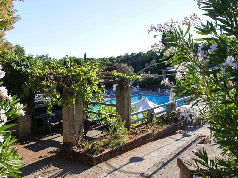 Blick auf einen Pool mit blauem Wasser, umgeben von grünen Pflanzen und Holzmöbeln.