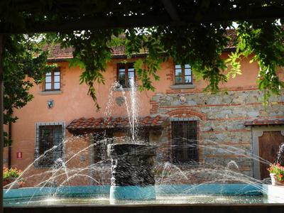 Fontana con più getti d'acqua davanti a un edificio storico, incorniciata da foglie verdi.