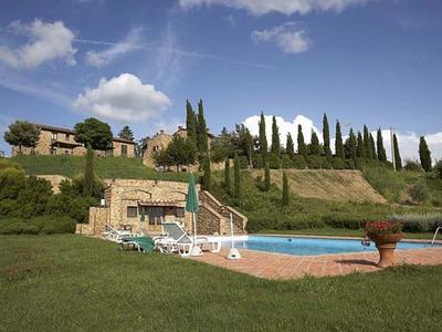 Schwimmbad mit Liegestühlen vor grasbewachsenem Hügel und Gebäuden unter blauem Himmel mit Wolken.