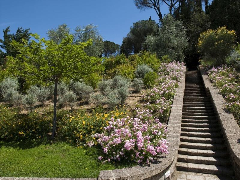 Stone staircase leads through a blooming garden with trees and shrubs under a blue sky.