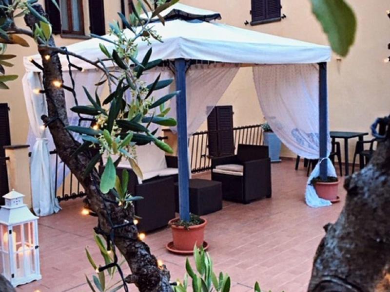 Taras z tapicerowanymi krzesłami pod baldachimem obok drzewa